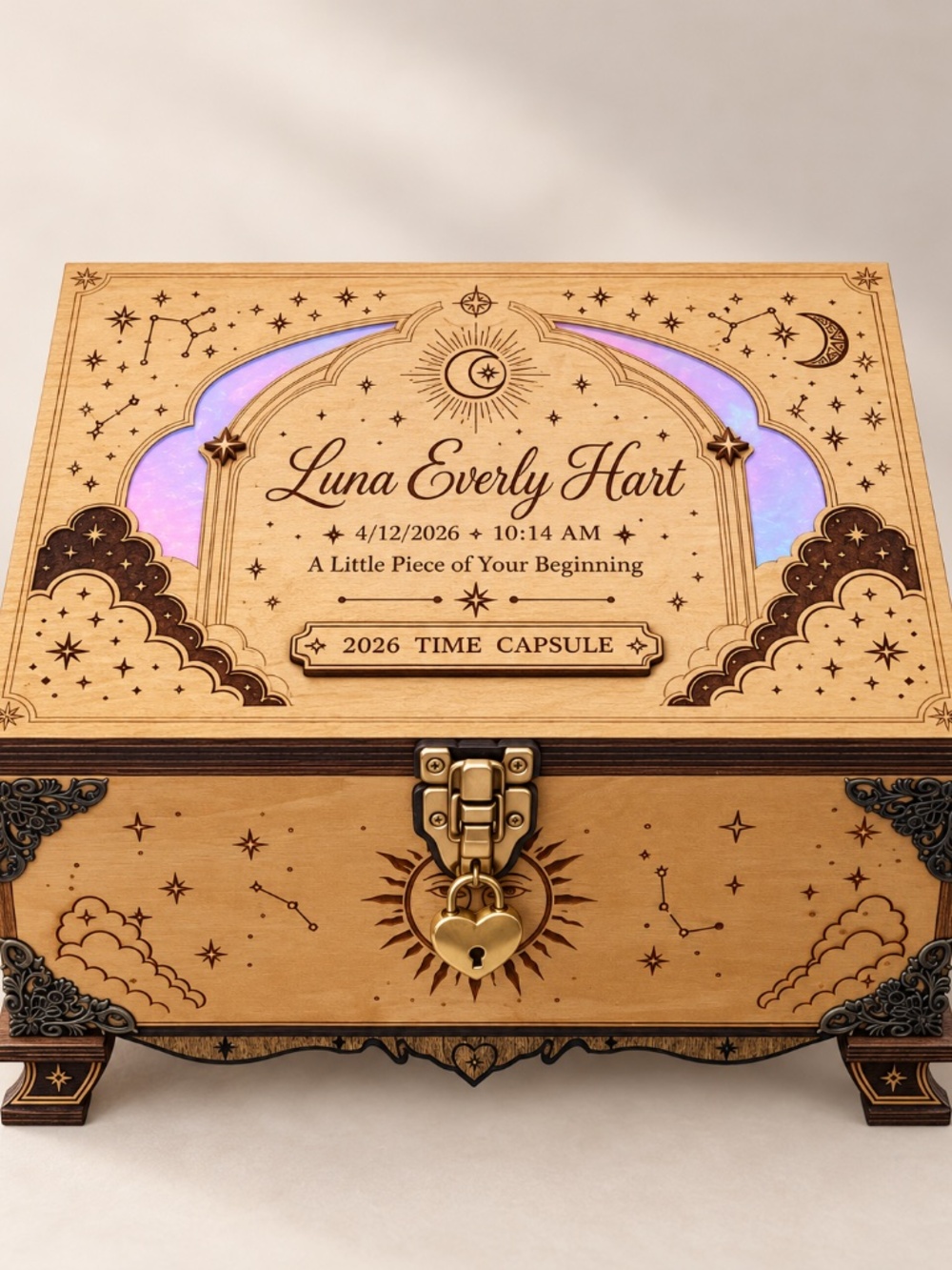Personalized Baby Time Capsule Box, Celestial Basswood Keepsake Chest with Heart - Picture 3 of 6